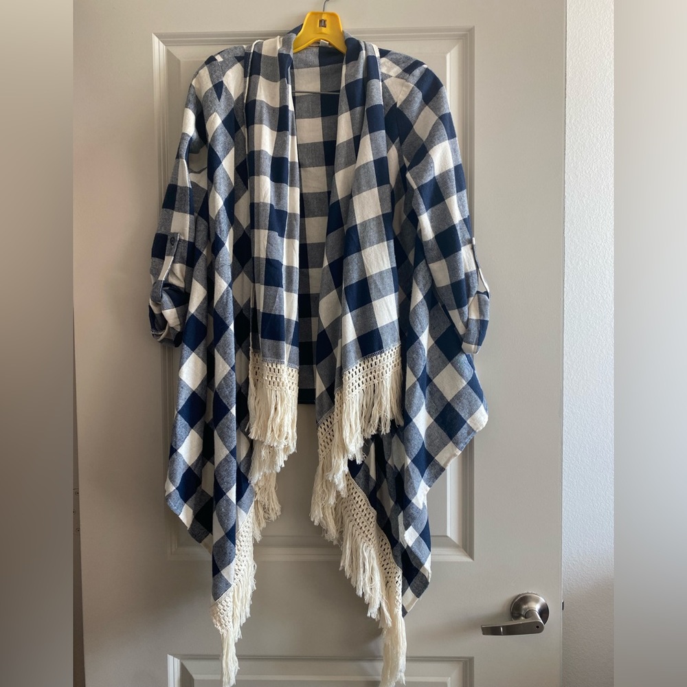 Boho style blue plaid cardigan with white fringe